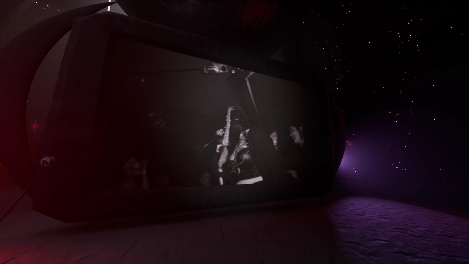 Femme Fatale Chronicles plays within the dark stone surround beneath the suspended mass, lit by pink and violet haze