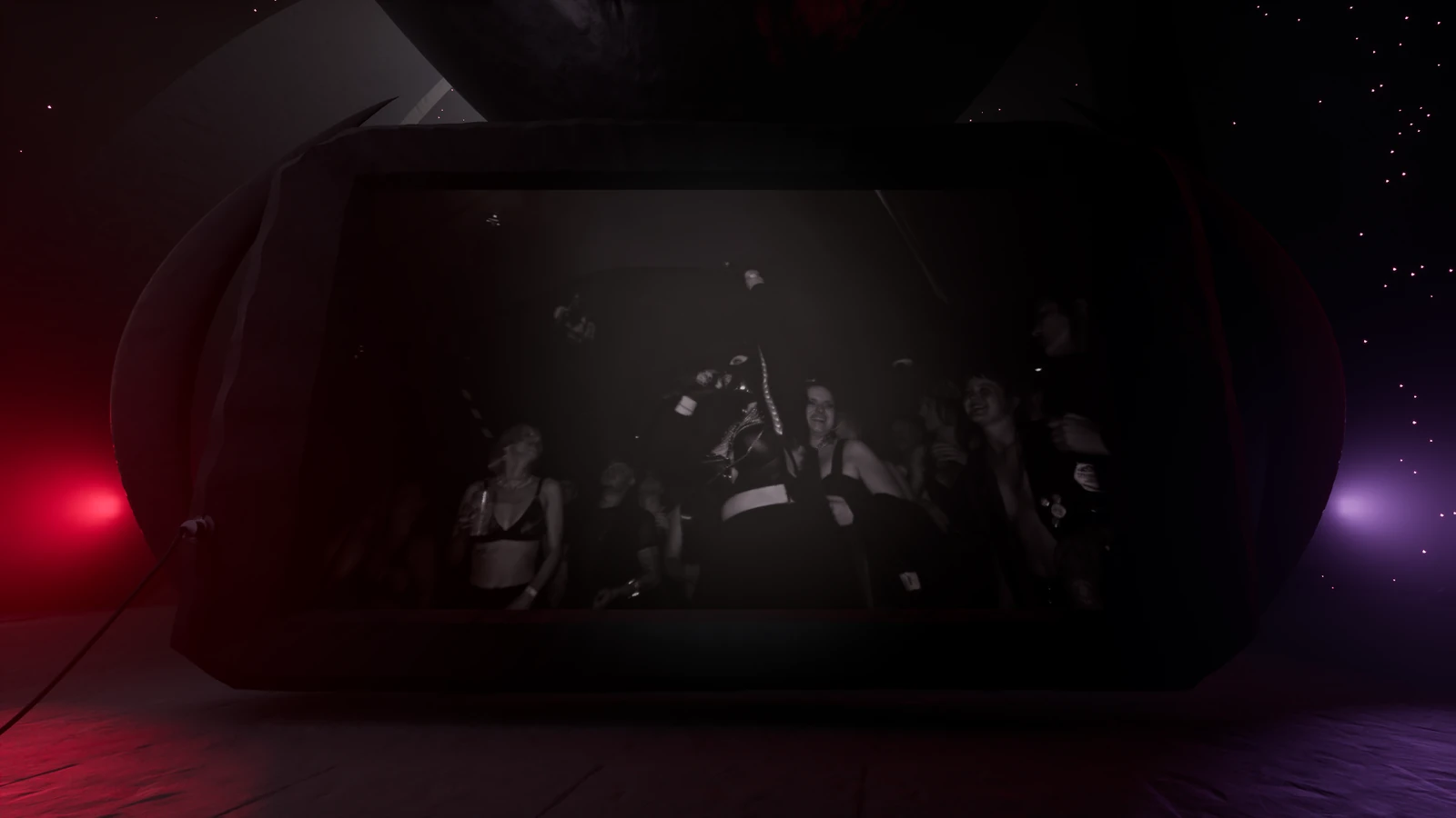 Close view of Femme Fatale Chronicles playing in a dark stone screen, surrounded by red and violet smoke in the Resonance Well