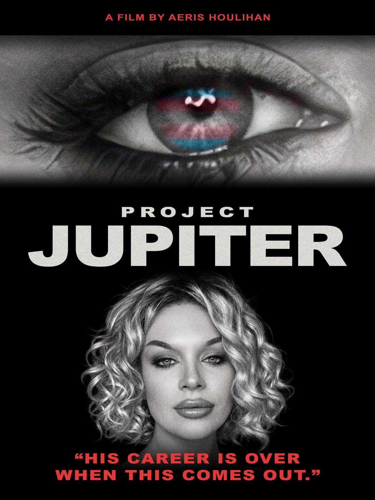 PROJECT JUPITER poster. An eye with the trans flag in its iris, the title, a portrait of Jupiter, and the line: His career is over when this comes out.